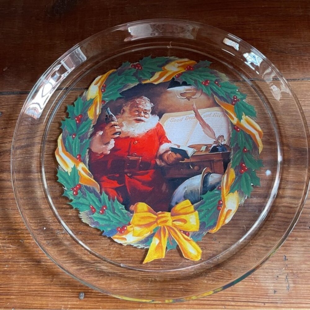 Vintage Santa Claus Holding Coca-Cola Bottle Glass Platter Good Boys & Girls 13"